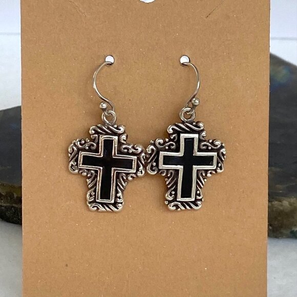 Sterling Silver 925 1.41" Black Enamel Scrollwork Cross Dangle Earrings 11g - Picture 1 of 16